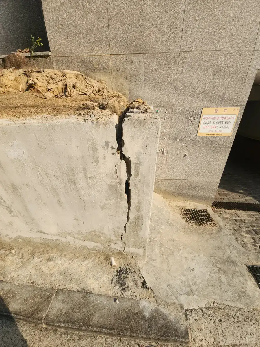 담장미장공사 전 확인한 담장면의 균열과 박리 상태